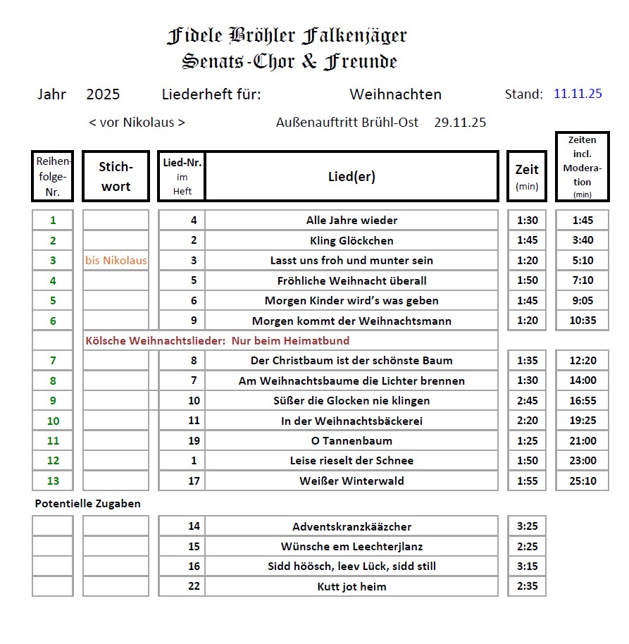 Liedreihenfolge Weihnachtslieder 2025 11 29 Brühl Ost