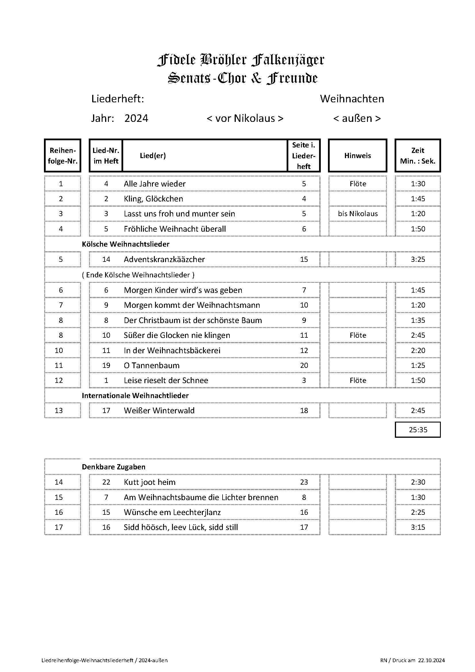 Liedreihenfolge Weihnachtsliederheft 2024 aussen
